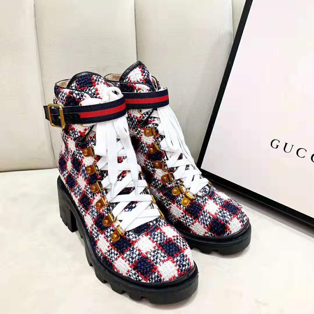G*u*i women G*u*i zumi gg check tweed ankle boot in blue white and red