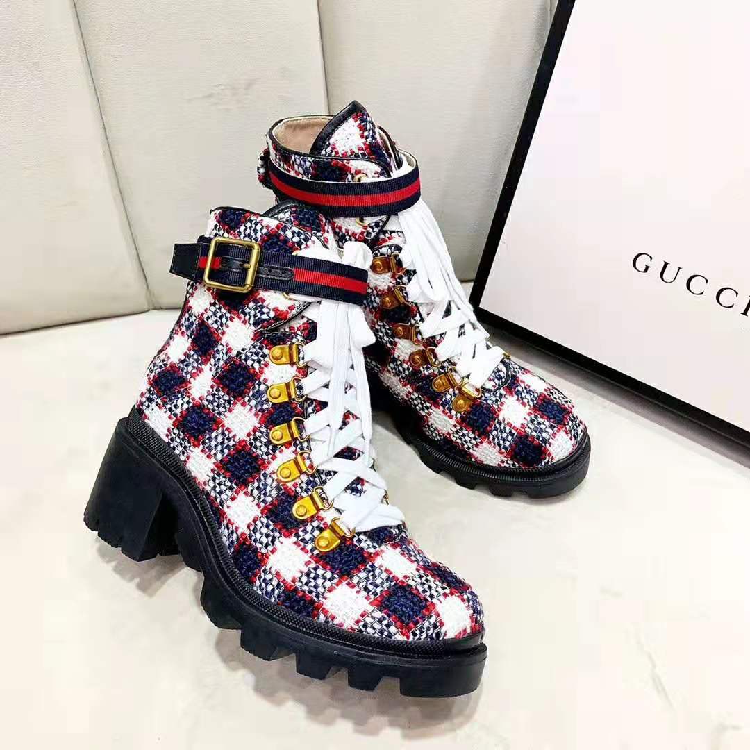 G*u*i women G*u*i zumi gg check tweed ankle boot in blue white and red