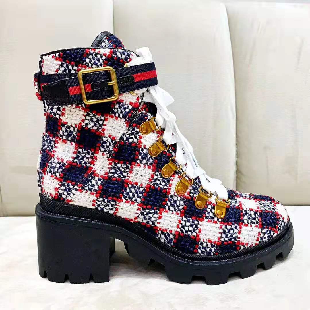 G*u*i women G*u*i zumi gg check tweed ankle boot in blue white and red