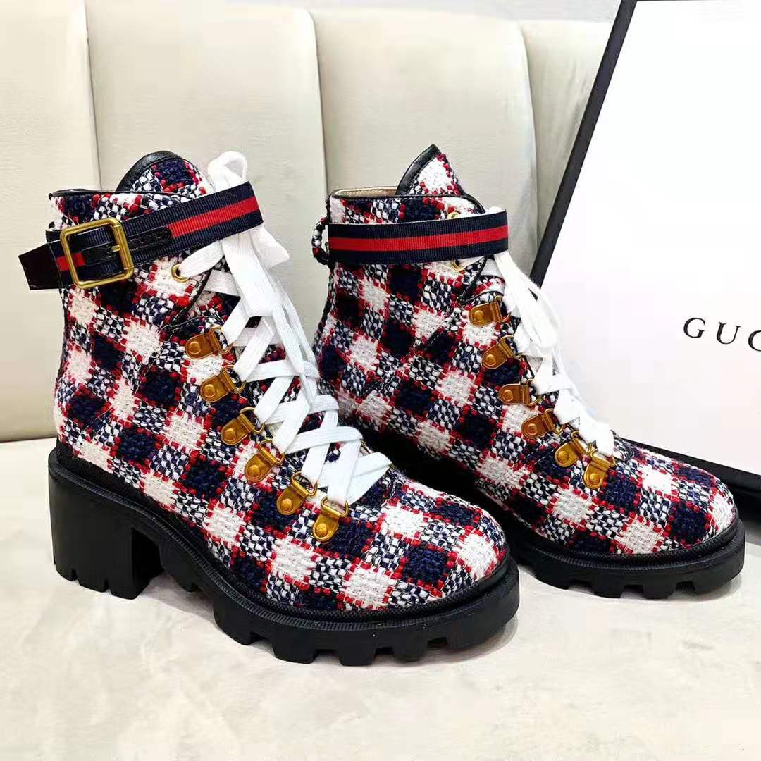 G*u*i women G*u*i zumi gg check tweed ankle boot in blue white and red