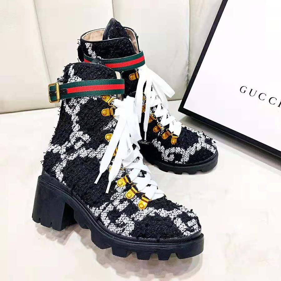 G*u*i women G*u*i zumi gg tweed ankle boot in black and white gg tweed 10 cm heel