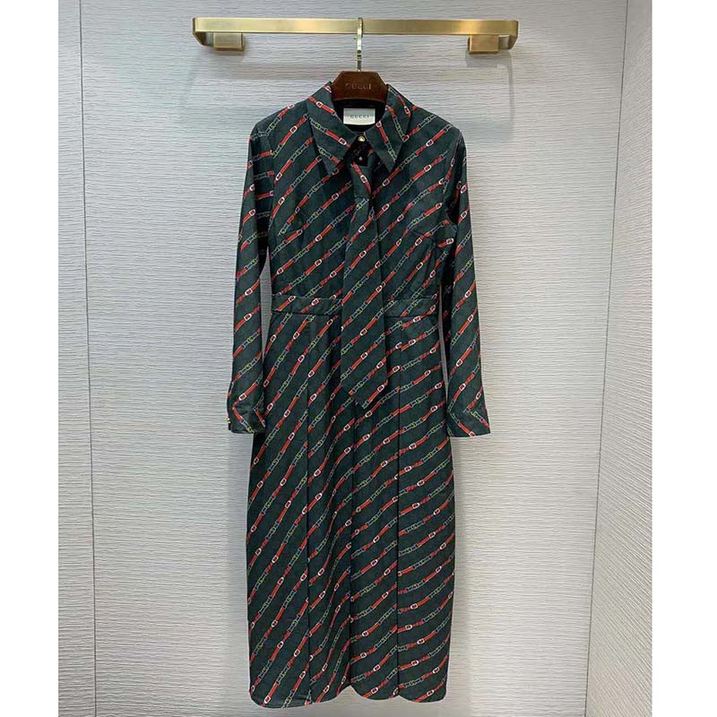 G*u*i women interlocking g and belts print dress in 100% silk-green
