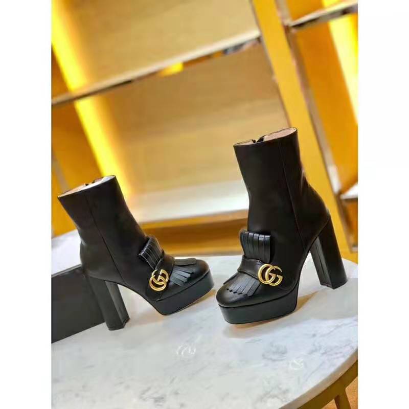 G*u*i women leather ankle boot with fringe double g hardware-black