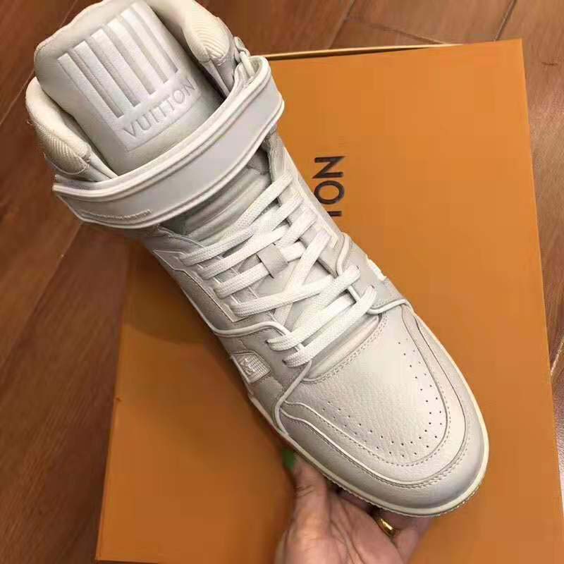 Louis Vuitton LV Unisex LV Trainer Sneaker Boot in Grained Calf Leather-White