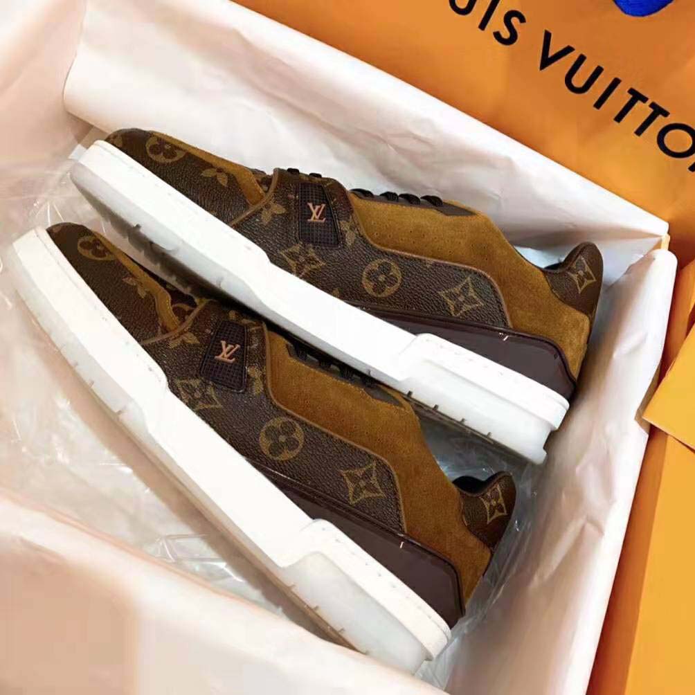 Louis Vuitton LV Unisex LV Trainer Sneaker in Monogram Canvas and Suede Calf Leather-Brown