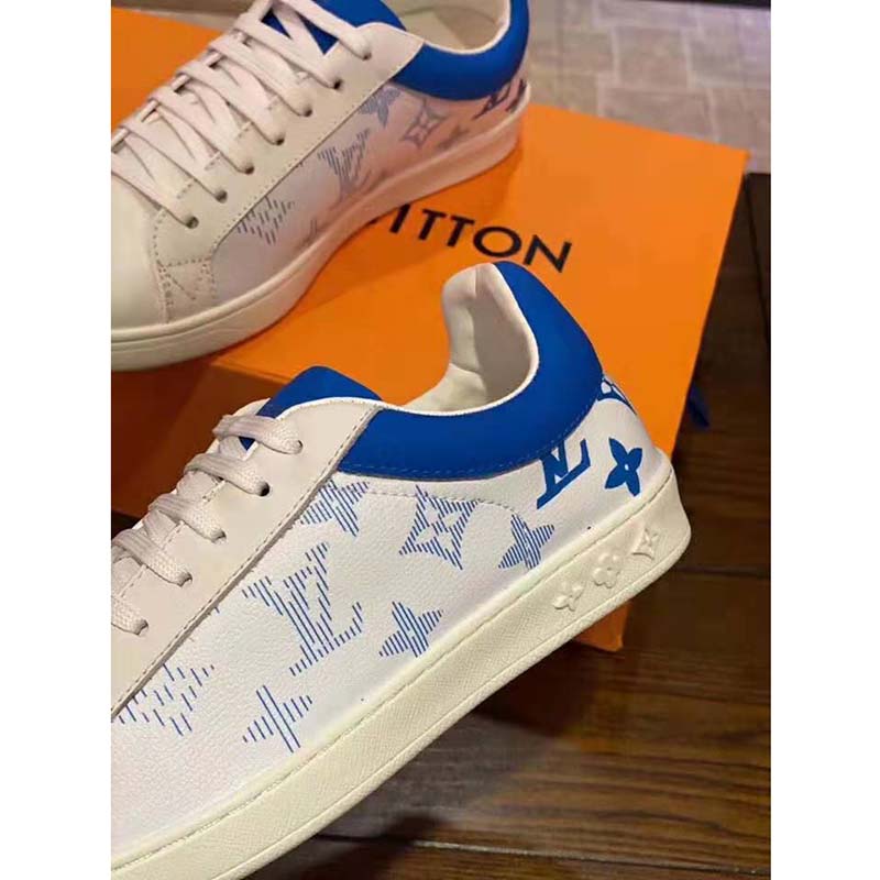 Louis Vuitton LV Unisex Luxembourg Sneaker in White Grained Calf Leather-Blue