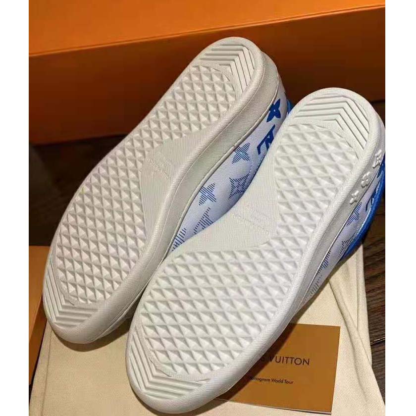 Louis Vuitton LV Unisex Luxembourg Sneaker in White Grained Calf Leather-Blue