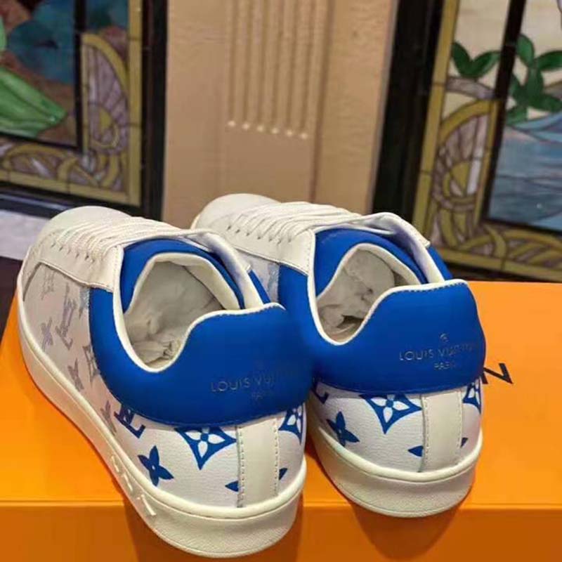 Louis Vuitton LV Unisex Luxembourg Sneaker in White Grained Calf Leather-Blue