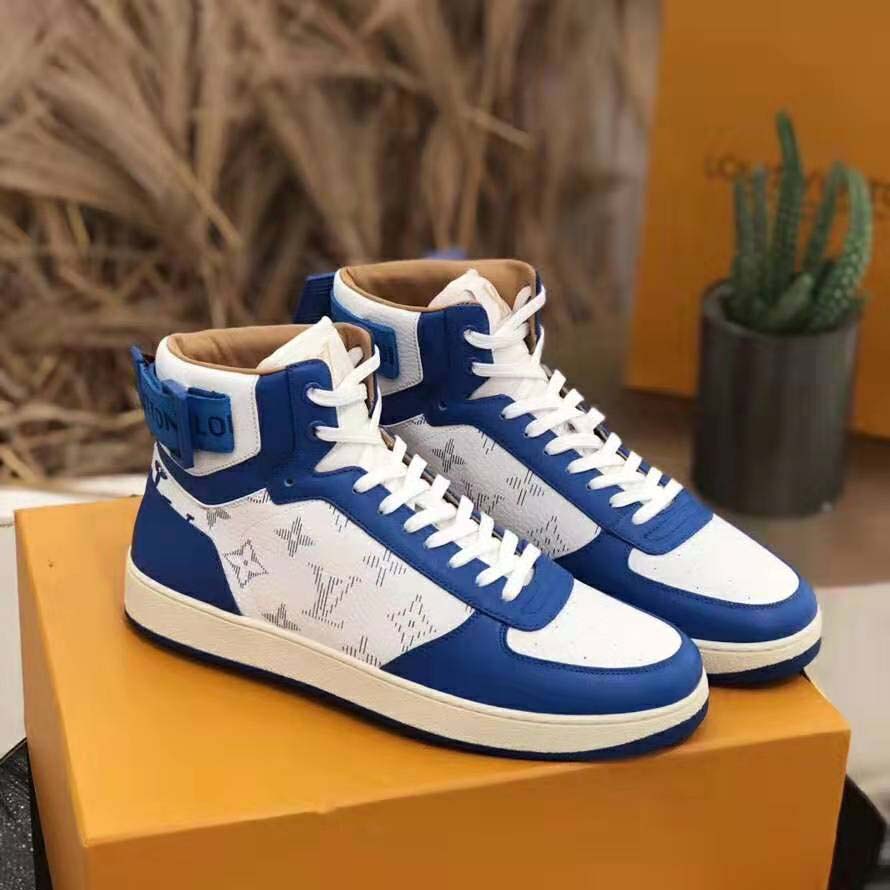 Louis Vuitton LV Unisex Rivoli Sneaker Boot in Monogram Grained Calf Leather-Blue