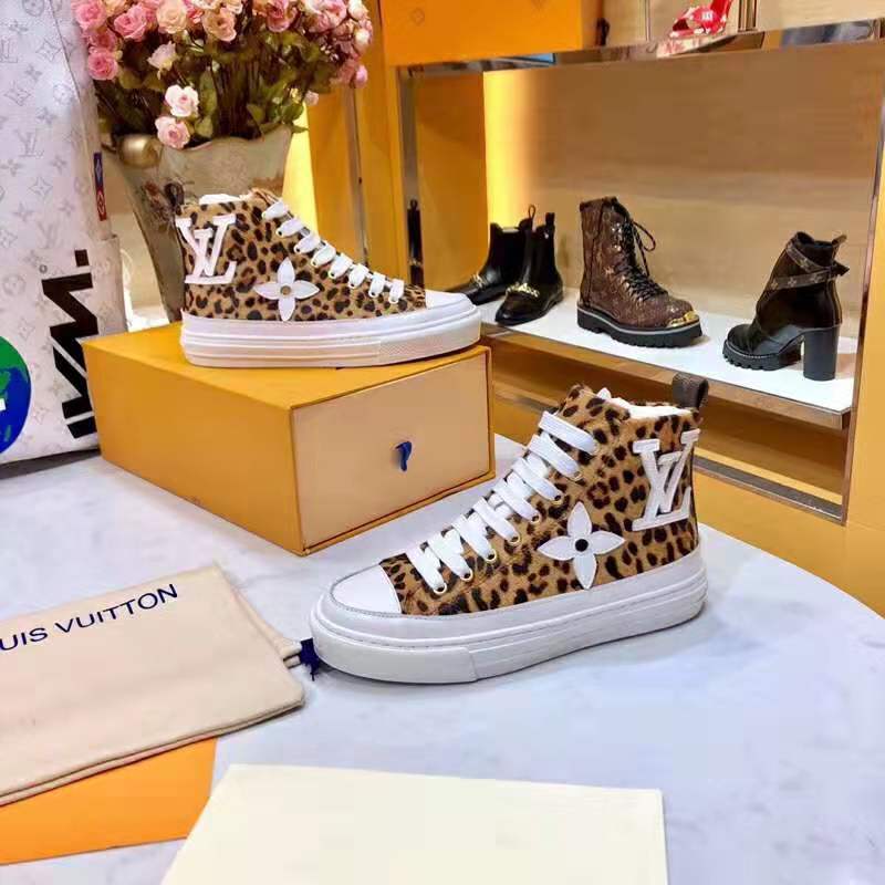 Louis Vuitton LV Unisex Stellar Sneaker Boot in Pony-Styled Calf Leather with Giant LV Monogram Flowers-Brown