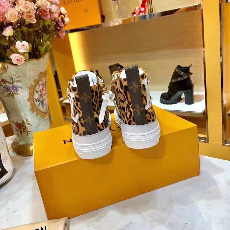 Louis Vuitton LV Unisex Stellar Sneaker Boot in Pony-Styled Calf Leather with Giant LV Monogram Flowers-Brown