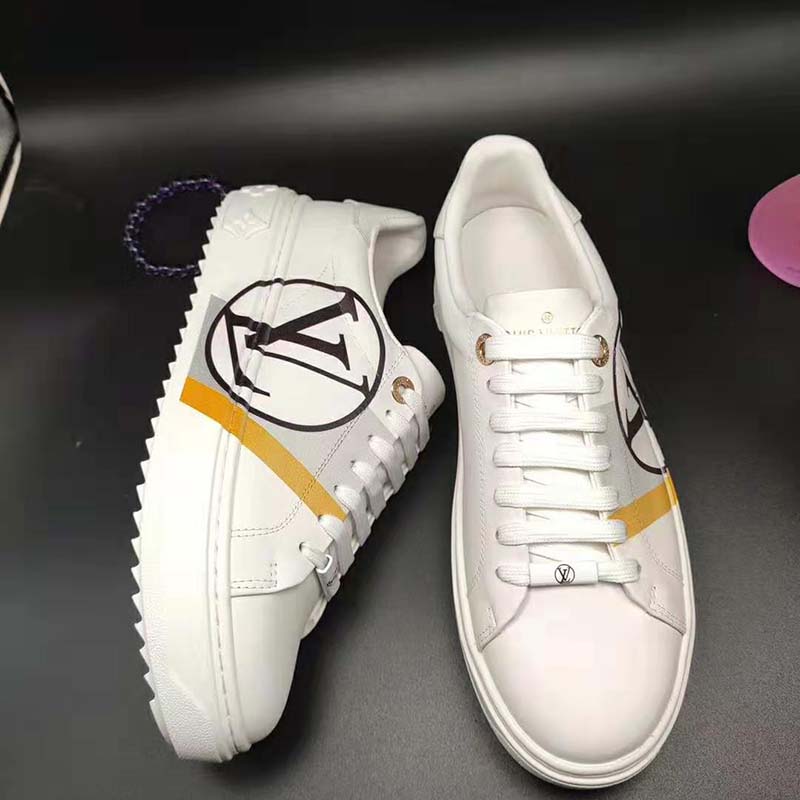 Louis Vuitton LV Unisex Time Out Sneaker in Calf Leather and Monogram Flowers-Grey