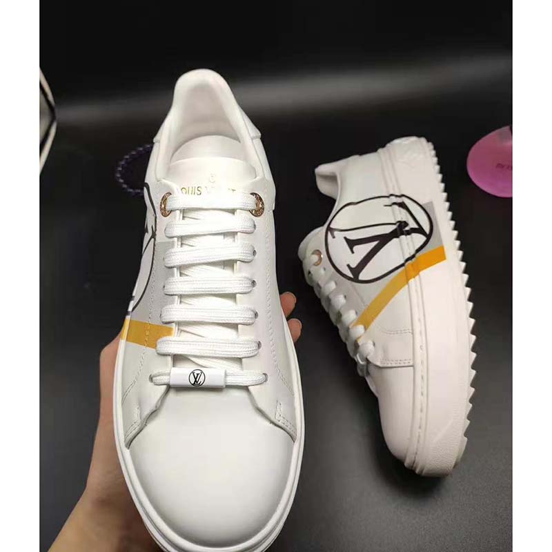 Louis Vuitton LV Unisex Time Out Sneaker in Calf Leather and Monogram Flowers-Grey