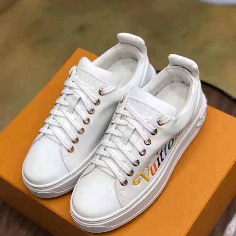 Louis Vuitton LV Unisex Time Out Sneaker in Supple Calf Leather with Rainbow-Colored Vuitton Signature-White