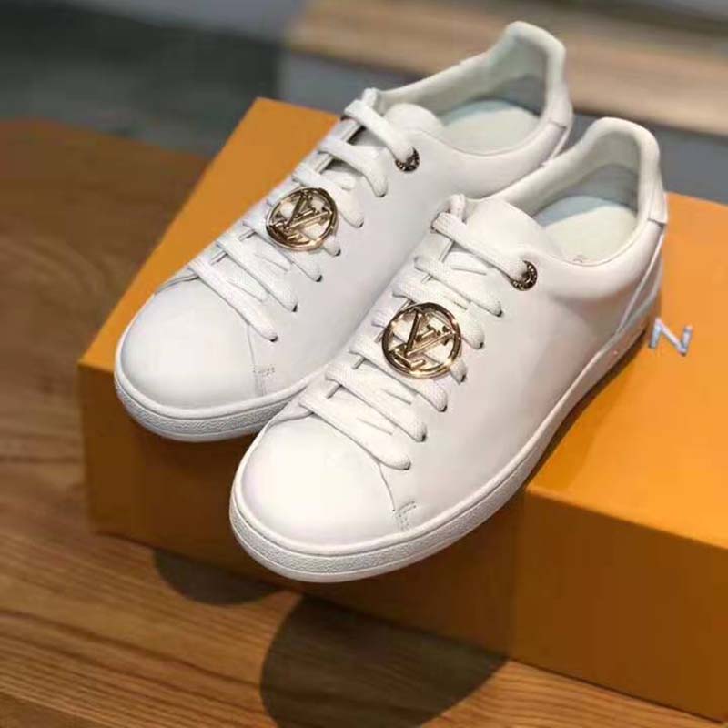 Louis Vuitton LV Women Frontrow Sneaker Gold-Tone LV Circle in White Calf Leather and Rubber