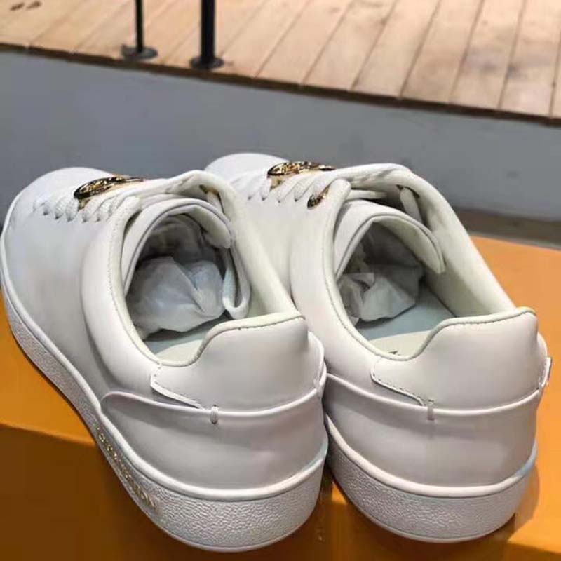 Louis Vuitton LV Women Frontrow Sneaker Gold-Tone LV Circle in White Calf Leather and Rubber