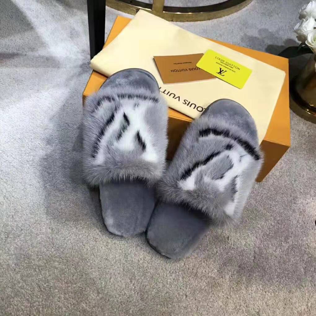 Louis Vuitton LV Women Homey Flat Mule in Mink Fur-Grey