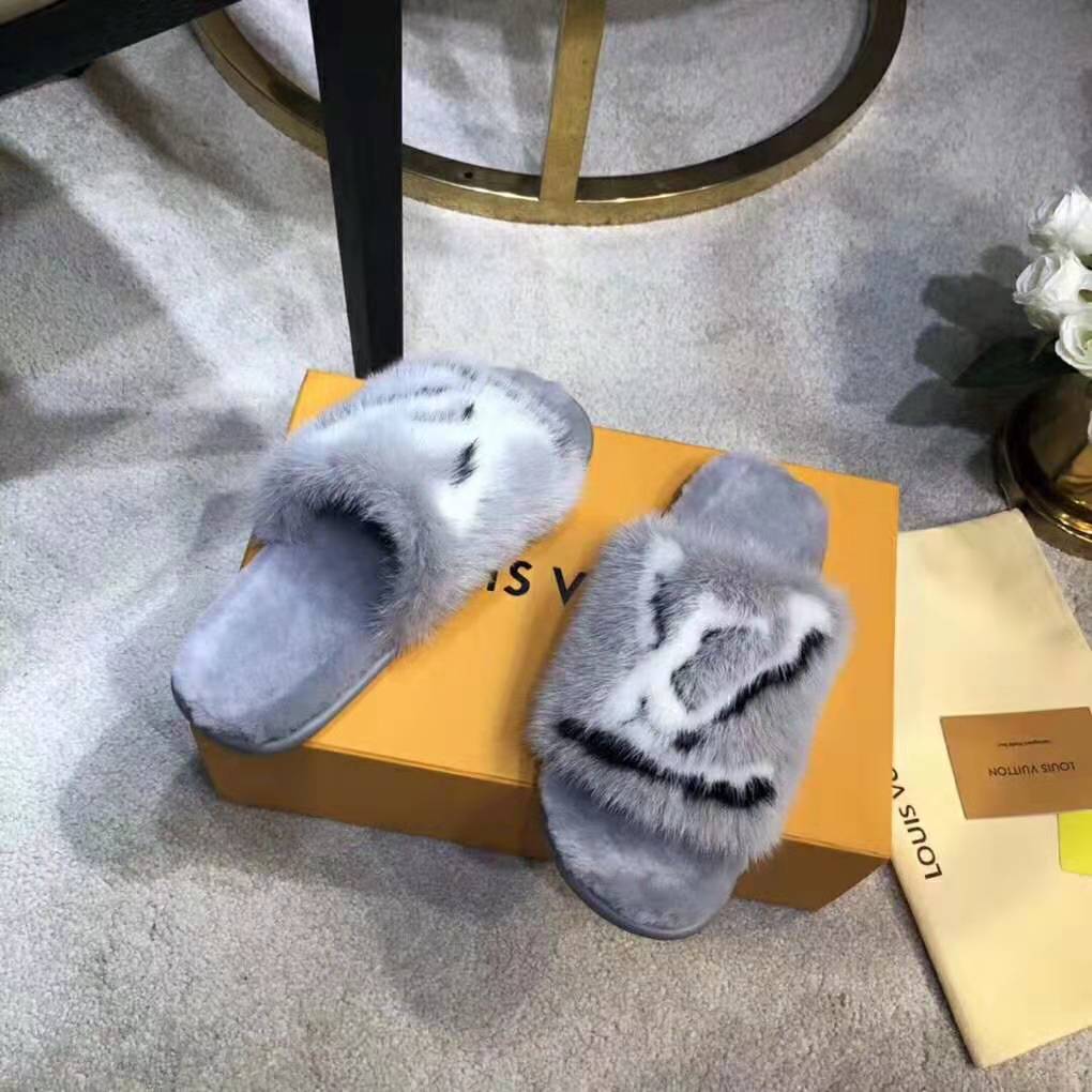 Louis Vuitton LV Women Homey Flat Mule in Mink Fur-Grey