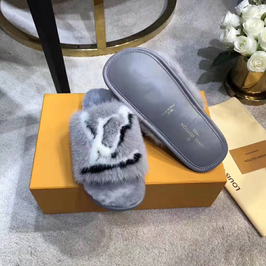 Louis Vuitton LV Women Homey Flat Mule in Mink Fur-Grey
