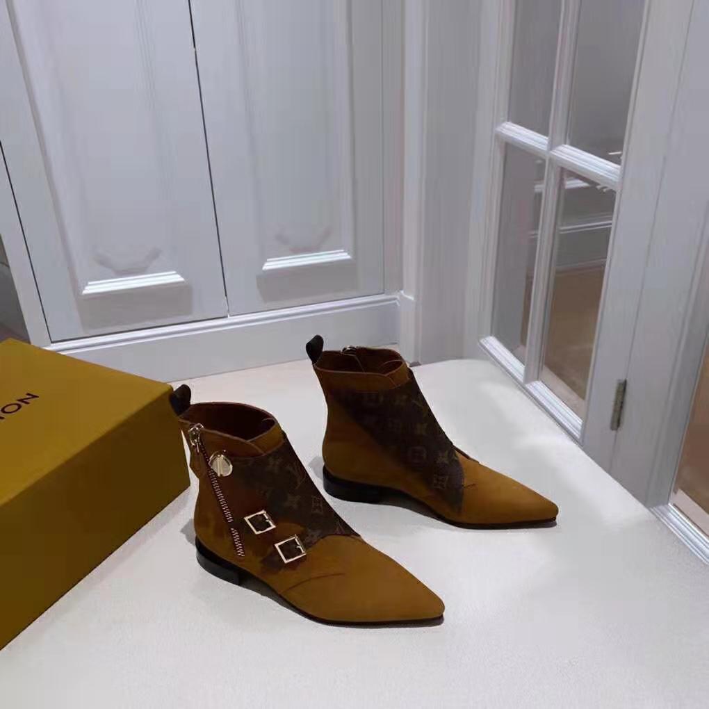 Louis Vuitton LV Women Jumble Flat Ankle Boot in Suede Calf Leather and Patent Monogram Canvas-Brown