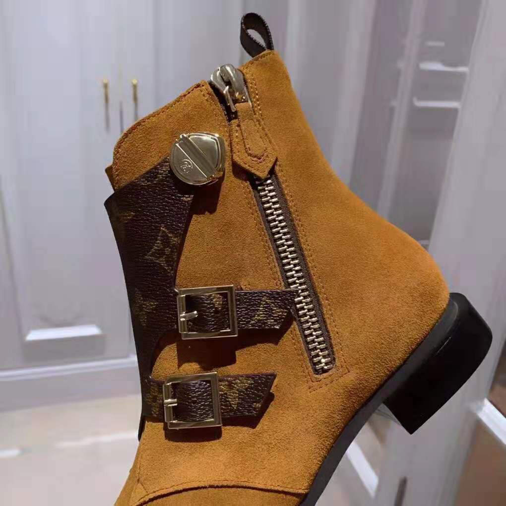 Louis Vuitton LV Women Jumble Flat Ankle Boot in Suede Calf Leather and Patent Monogram Canvas-Brown