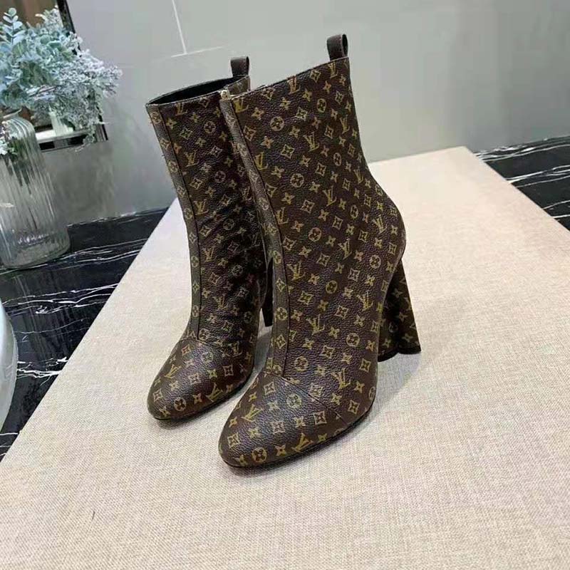 Louis Vuitton LV Women LV Silhouette Ankle Boot in Patent Monogram Canvas-Brown