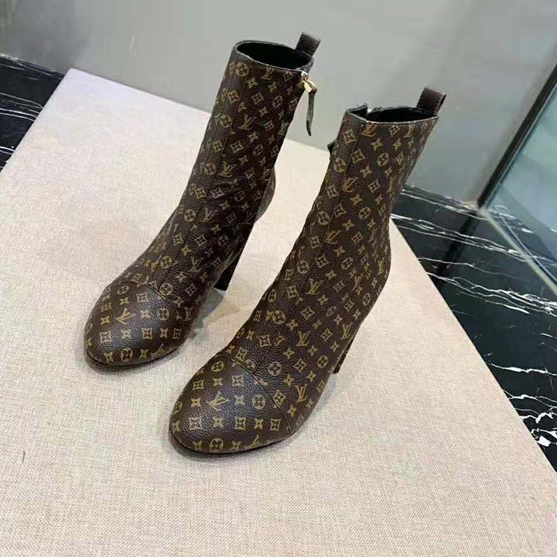 Louis Vuitton LV Women LV Silhouette Ankle Boot in Patent Monogram Canvas-Brown