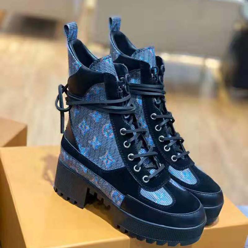 Louis Vuitton LV Women Laureate Platform Desert Boot in Calf Leather with Monogram Canvas-Blue