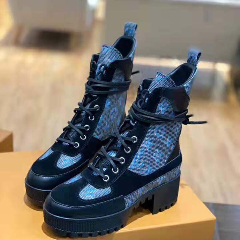 Louis Vuitton LV Women Laureate Platform Desert Boot in Calf Leather with Monogram Canvas-Blue