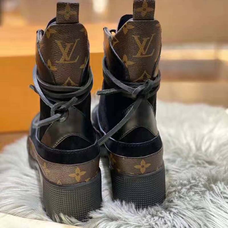Louis Vuitton LV Women Laureate Platform Desert Boot in Soft Suede Calf Leather with Monogram Canvas-Black