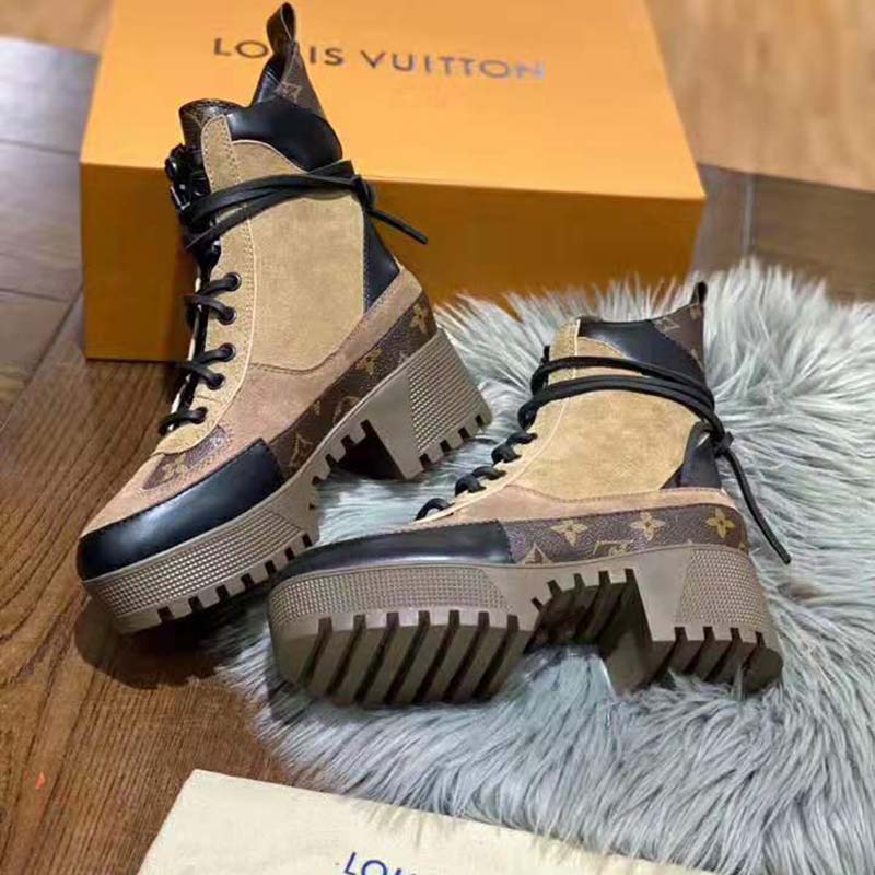 Louis Vuitton LV Women Laureate Platform Desert Boot in Soft Suede Calf Leather with Monogram Canvas-Sandy