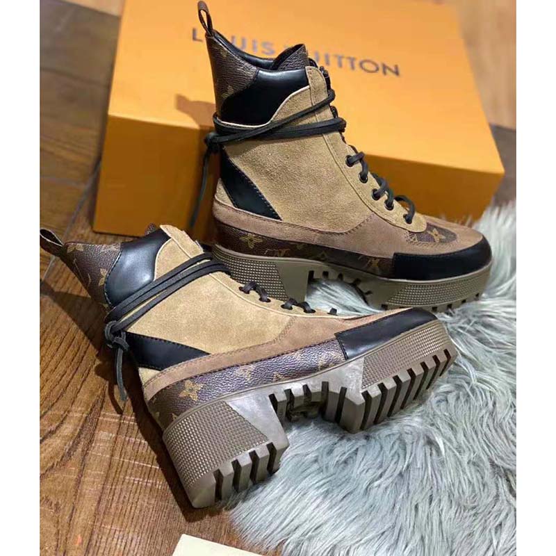 Louis Vuitton LV Women Laureate Platform Desert Boot in Suede Calf Leather and Monogram Canvas-Brown