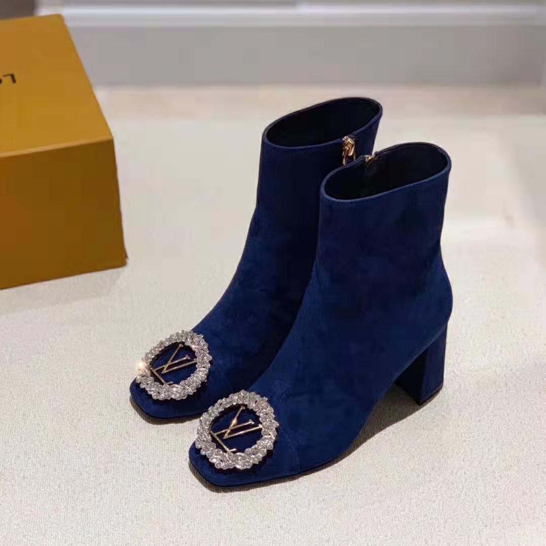 Louis Vuitton LV Women Madeleine Ankle Boot in Suede Baby Goat Leather 7.5 cm Heel-Blue