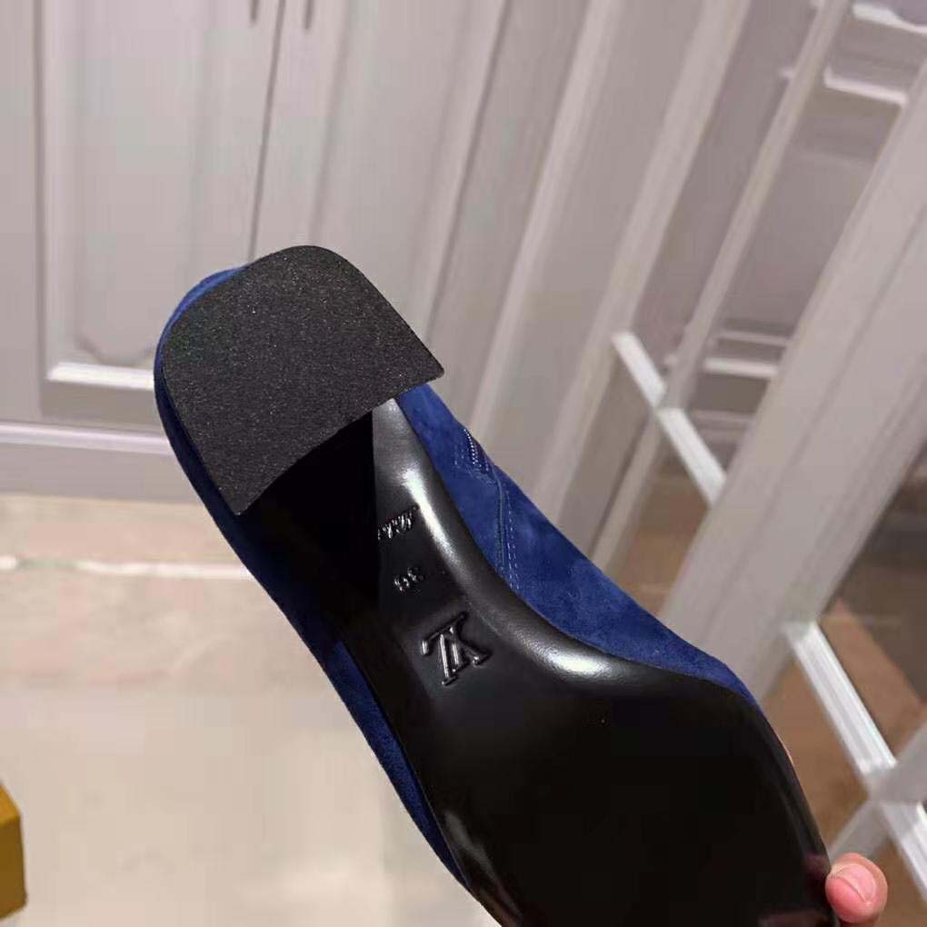 Louis Vuitton LV Women Madeleine Ankle Boot in Suede Baby Goat Leather 7.5 cm Heel-Blue
