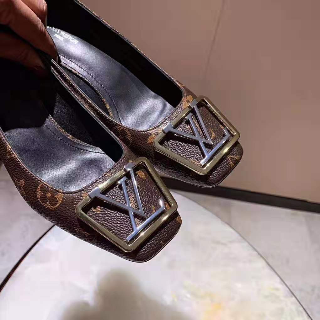 Louis Vuitton LV Women Madeleine Pump in Patent Monogram Canvas and Leather 7.5 cm Heel-Brown