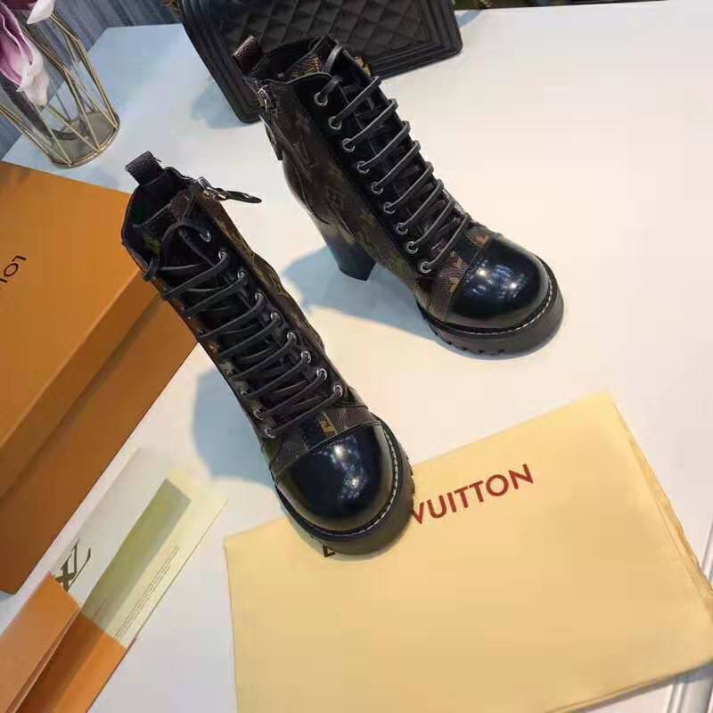 Louis Vuitton LV Women Star Trail Ankle Boot in Black Calf Leather with Monogram Canvas-Brown
