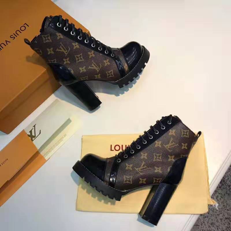 Louis Vuitton LV Women Star Trail Ankle Boot in Black Calf Leather with Monogram Canvas-Brown