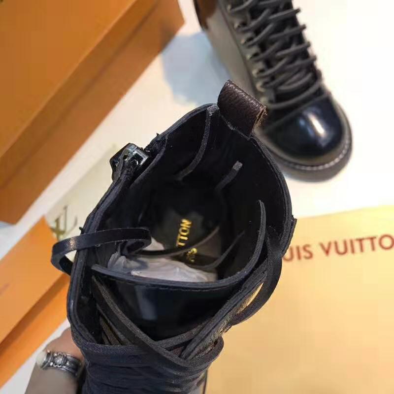 Louis Vuitton LV Women Star Trail Ankle Boot in Black Glazed Calf Leather with Monogram Canvas-Black