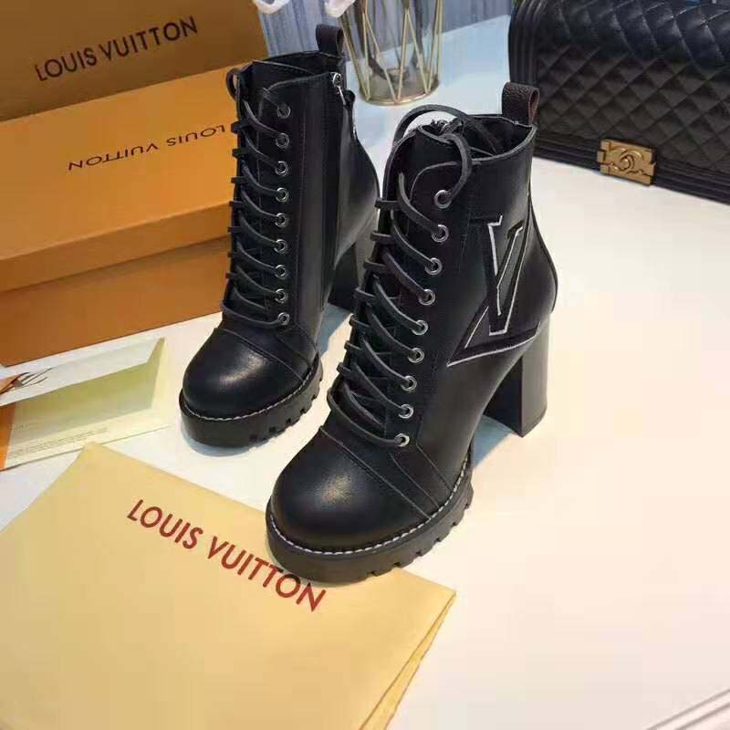 Louis Vuitton LV Women Star Trail Ankle Boot in Supple Black Calf Leather with Monogram Canvas-Black