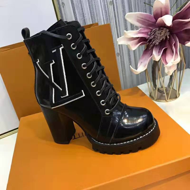 Louis Vuitton LV Women Star Trail Ankle Boot in Supple Black Calf Leather with Monogram Canvas-Black