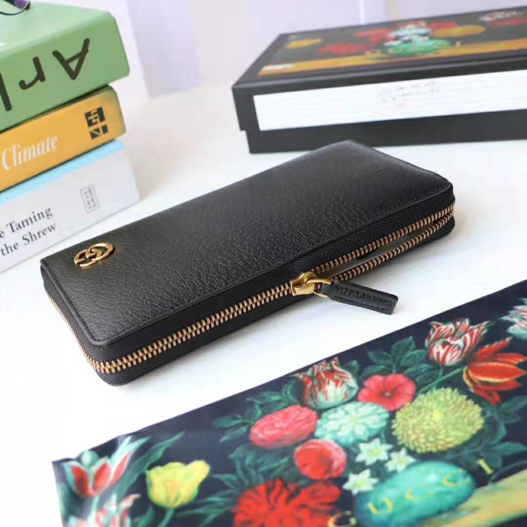 G*u*i gg unisex gg marmont leather zip around wallet in black leather