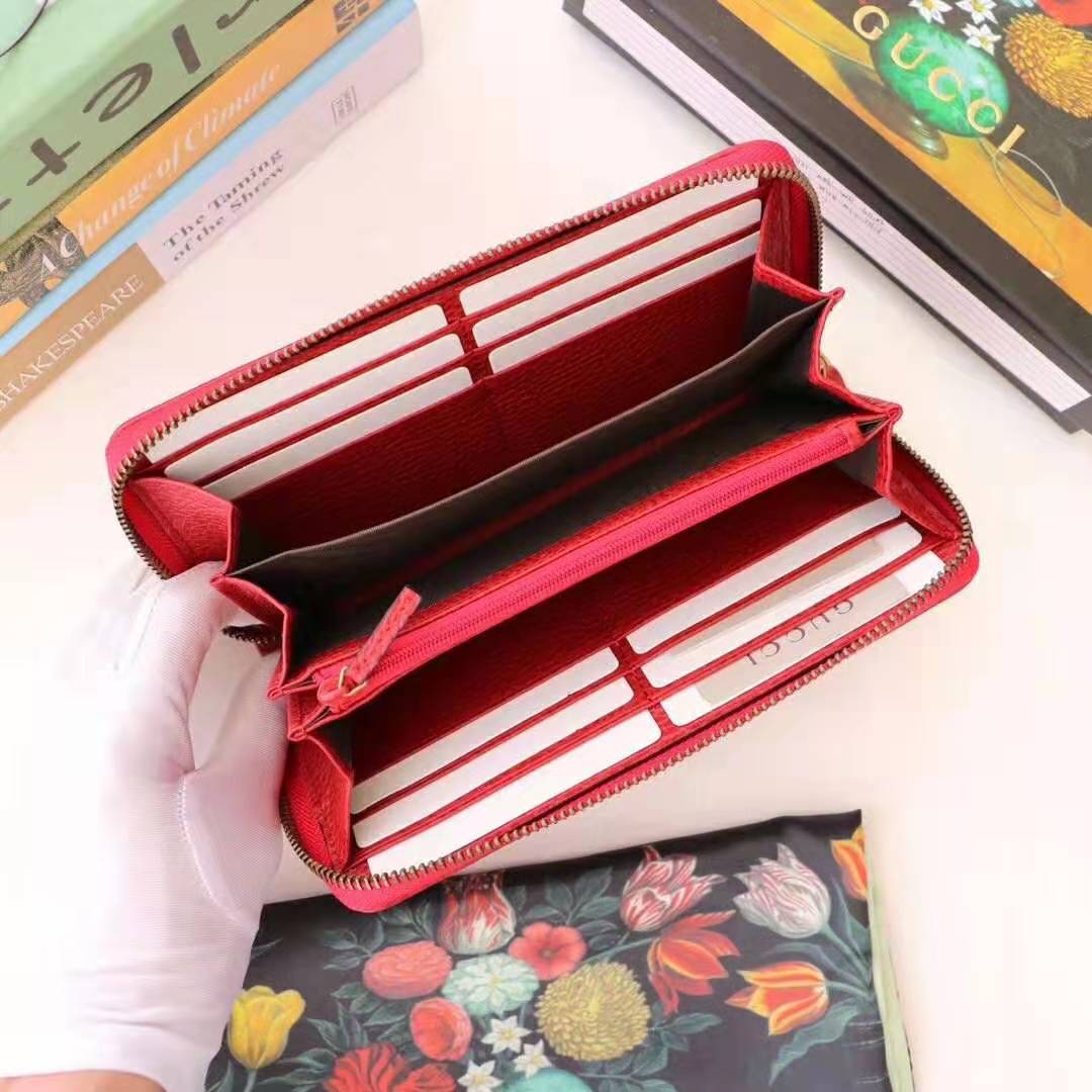G*u*i gg unisex leather zip around wallet in hibiscus red leather