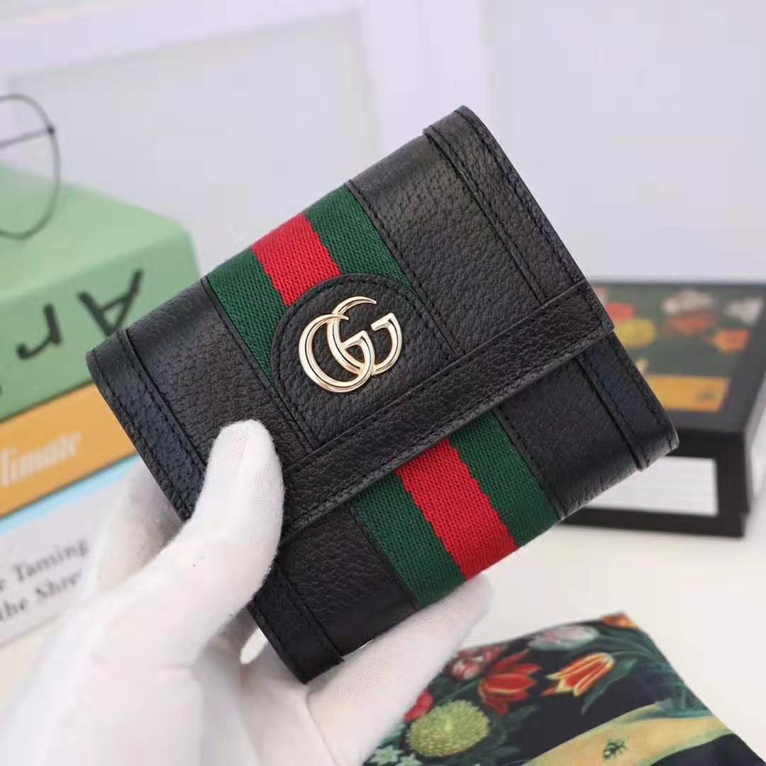 G*u*i gg unisex ophidia gg french flap wallet in black leather