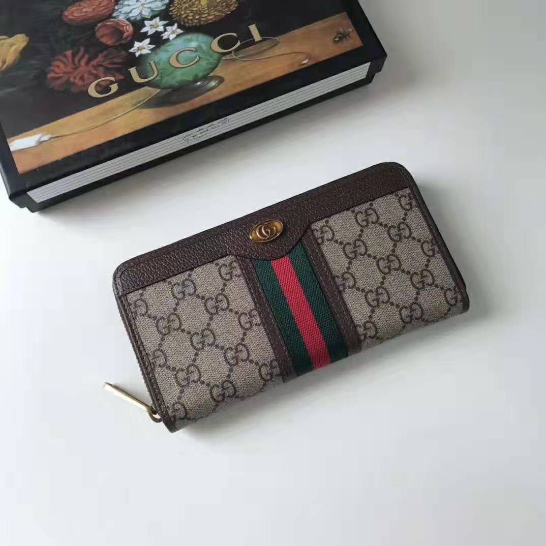 G*u*i gg unisex ophidia gg zip around wallet in beige/ebony gg supreme canvas