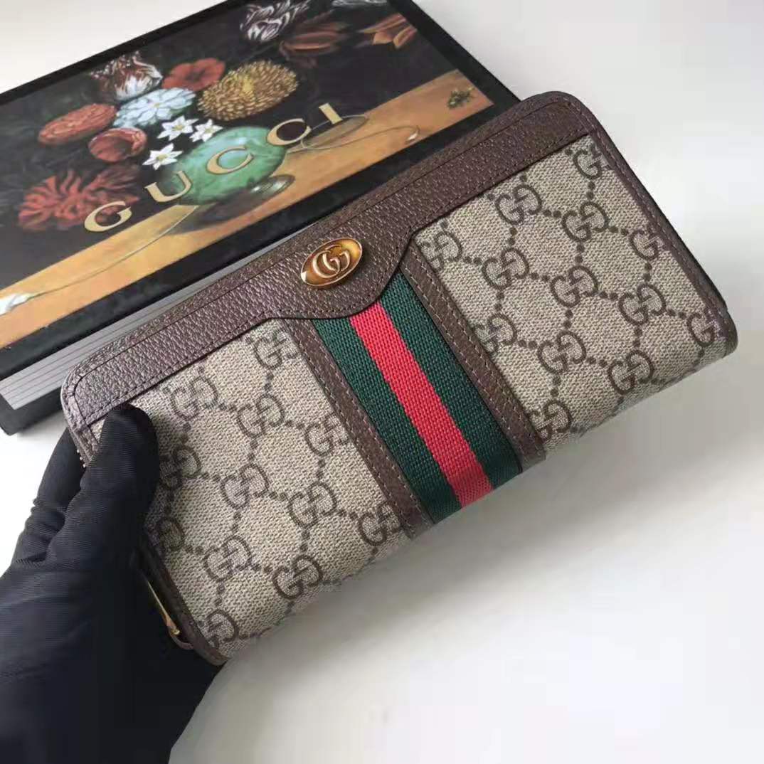 G*u*i gg unisex ophidia gg zip around wallet in beige/ebony gg supreme canvas