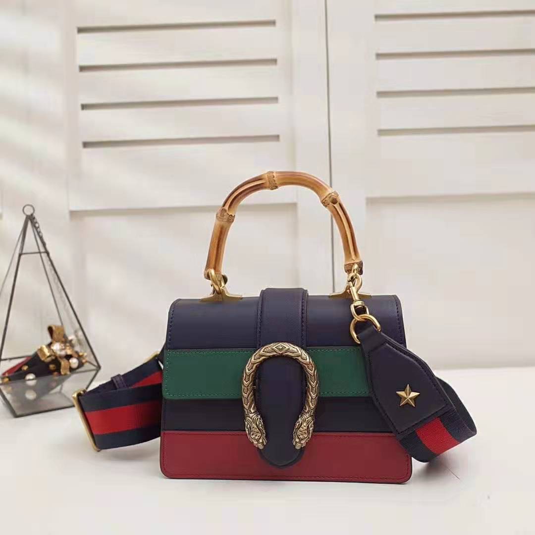 G*u*i gg women dionysus medium top handle bag in blue G*u*i green and hibiscus red leather
