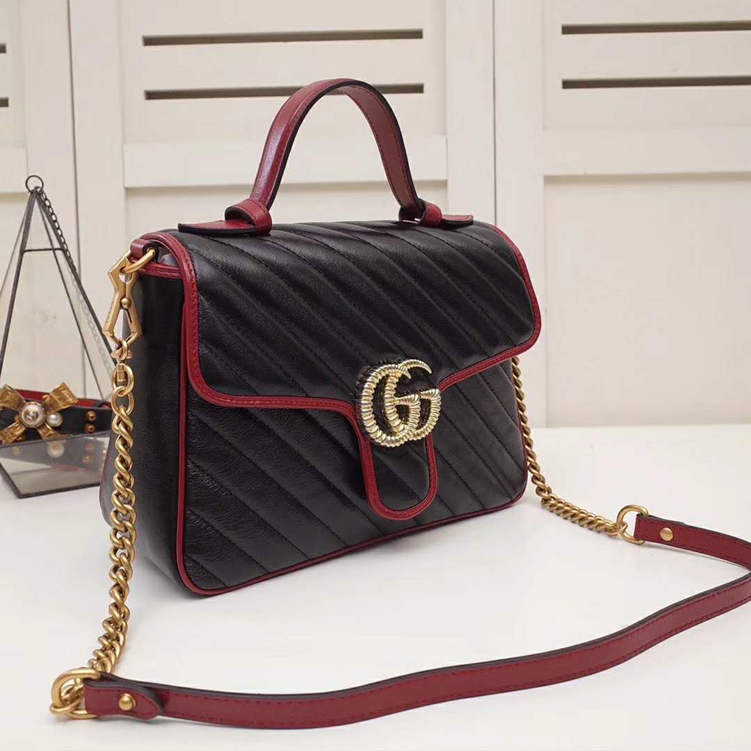 G*u*i gg women gg marmont small top handle bag in black diagonal matelassé leather
