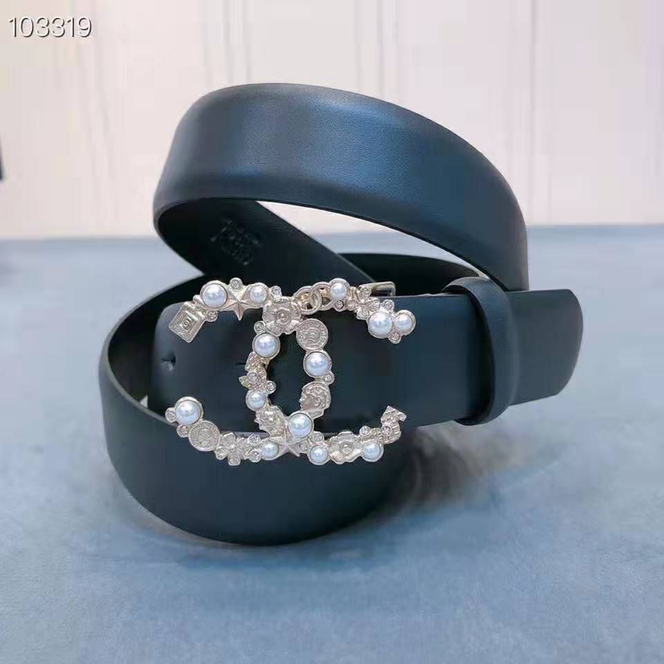 Chanel Women Calfskin Gold-Tone Metal Glass Pearls Strass & Resin Belt-Black
