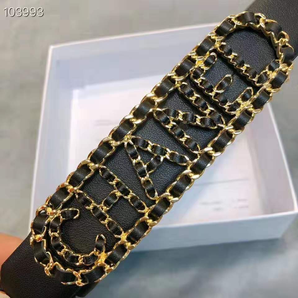 Chanel Women Calfskin Gold-Tone Metal & Lambskin Belt-Black