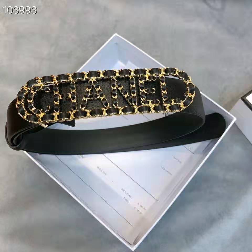 Chanel Women Calfskin Gold-Tone Metal & Lambskin Belt-Black